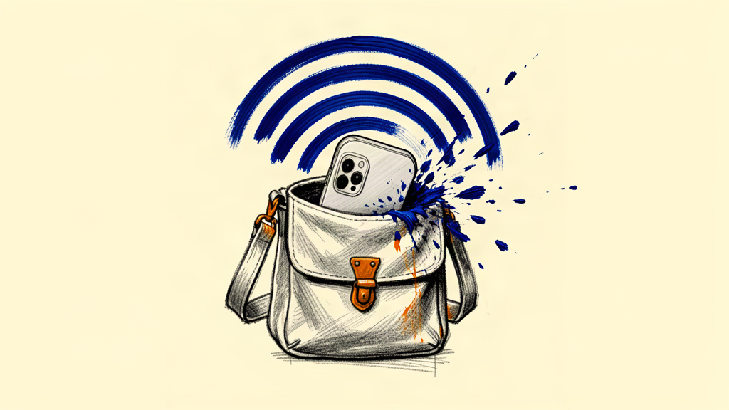 Phone slipping into a Heisenbag Shield pouch, signal waves dissolving at the fabric